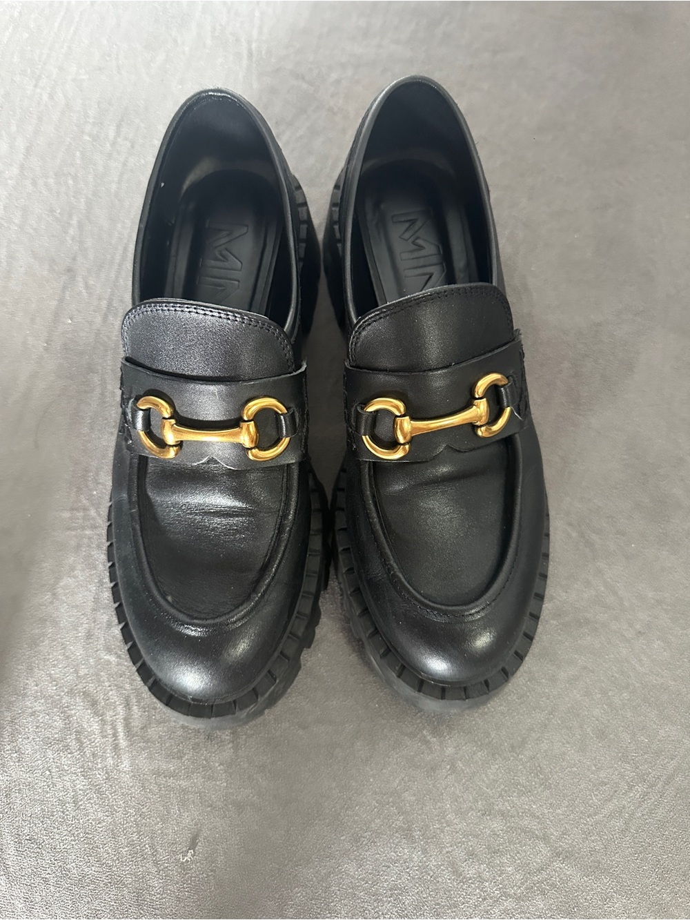 Mango Black Leather Loafers with Gold Horsebit Hardware